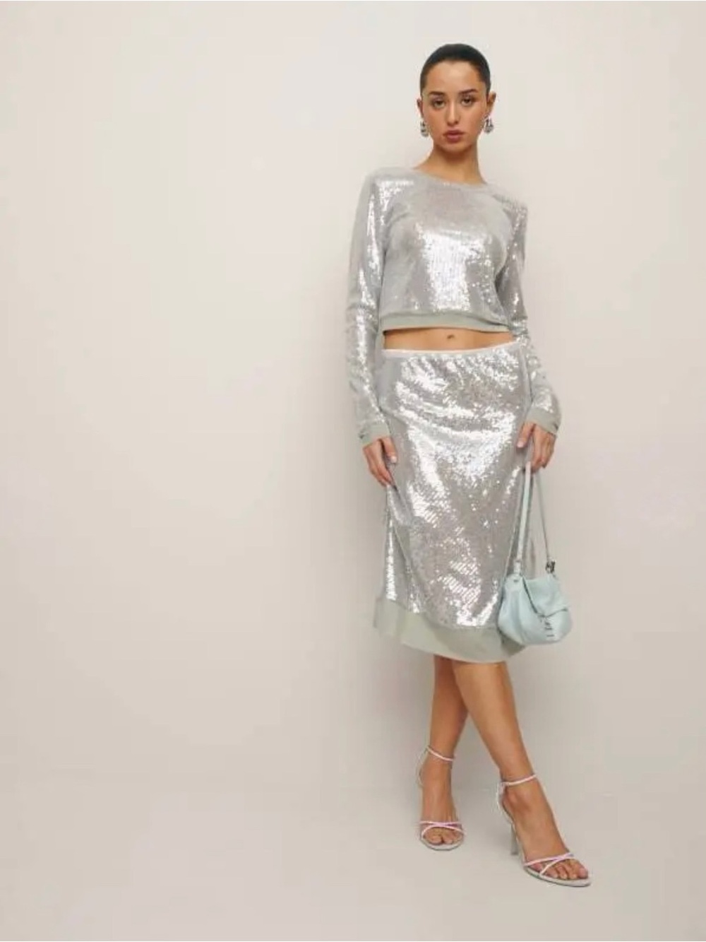 Reformation Briar Knit Long Sleeve Top & Midi Skirt Two Piece Set Silver Sequin